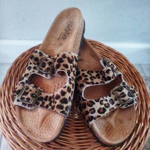 Bio steps Leopard print calf hair textured slide sa…